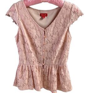 ELLE Ladies Lace Eyelet Short Sleeve Scalloped Fully Lined Top Blouse Pink Sz S